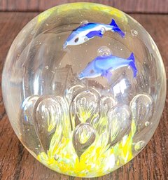 Vintage Hand Blown Art Glass Paperweight With 2 Blue Fish And Controlled Bubbles