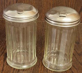 2 Vintage Ribbed Glass Restaurant Diner Sugar Dispenser Flip Top Lids