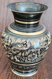 Black  Metal Small Vase Gold Leaf Etched Floral Design