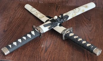 2 Golden Dragon White Samurai Swords