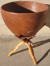 Large Wooden Bowl With Tripod Stand