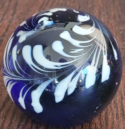 Handblown Colbalt Blue And White Swirl Paperweight