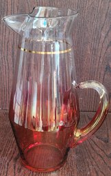 Vintage MCM Blendo Blown Glass Cocktail Pitcher Cranberry Red Gold Pinch Spout
