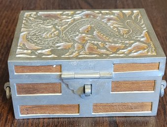 Vintage Chinese Kut Hing Swatow Fook Weng Dragon Pewter/ Wood Trinket Box