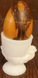 Milk Glass Egg Cup & Wooden Egg