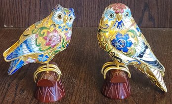 Vtg Chinese Cloisonne Traditional Inlaid Enamel Owl Pair 5.5 Tall W/stand