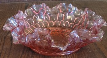 Vintage Fenton Art Glass Pink Cranberry Ruffle Thumbprint Bowl 7.5'