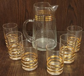 Vtg MCM Juice /Cocktail Decanter 6 Glasses Gold Horizontal Lines And Trim