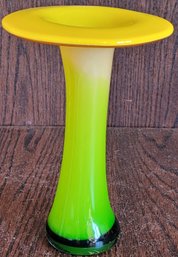Unique Vtg Hand Blown Pop Art Green & Yellow Swirl Art Glass Flat Rim Vase