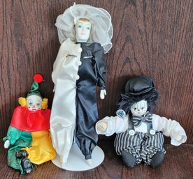 3 Hand Painted Porcelain Clown Dolls