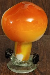 Vintage Handblown Art Glass Mushroom Cluster- Orange/White Paperweight