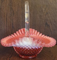 Fenton Art Glass Cranberry Opalescent HOBNAIL Crimped 9.75' Tall Handled Basket