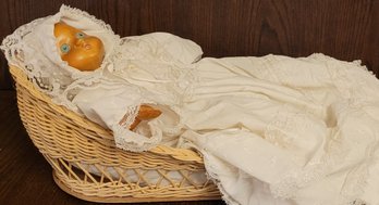 Vtg Raikes Originals 15' Hand Carved Wooden Baby Doll W/18' Wicker Basket