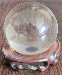 Vintage Glass Ball Paperweight On A Wooden Stand