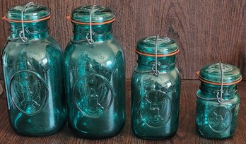 Set Of Vintage Aqua Ball Wire Jars