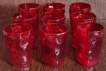 9 Vintage Ruby Red Morgantown Seneca Crinkle Driftwood Juice Mid Century Glasses
