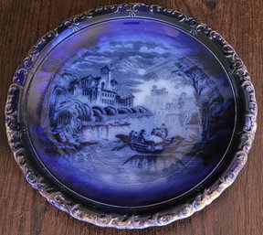Beautiful Transferware Plate 19th Century Gold Gilding Blue & White