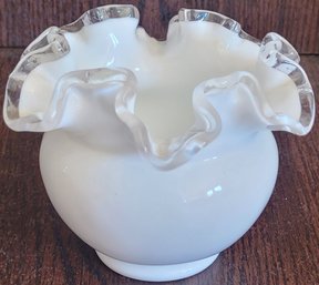 Vtg Fenton White Silver Crest Glass Ruffled Rim Ball Vase