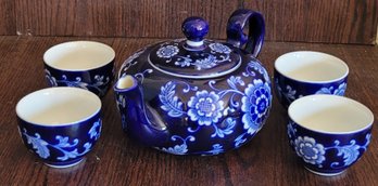 Pier 1 Mandarin 32 Oz Tepot & Four 6 Oz Cup Set Cobalt Blue Floral Porcelain