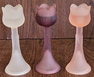 Vintage Multicolored Rose Frosted Glass Stem Candle Holders
