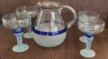 Vintage Hand Blown Pitcher  Blue Stripe With Frosted Bottom And 4 Glasses