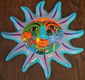 Vintage Mexican Folk Art Hand Painted Terra Cotta Sun Face Wall Hanging