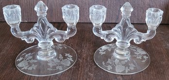 Pair Of Heisey Elegant Glass Orchid Etching Candle Holders