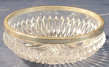 Vintage Cut Glass Bowl With Silver Plate Rim