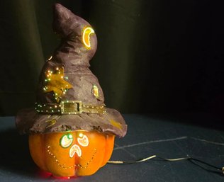12-inch Fiber Optic Pumpkin Decoration Featuring A Wizard Hat -Tested & Works