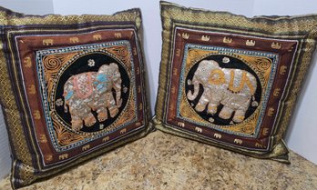 Vintage Thai Burmese Kalaga Style Hand-embroidered And Sequined Elephant Tapestry Pillows