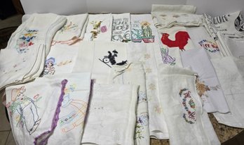 Assorted Vintage Hand Crafted Items, Towels, Napkins, Handkerchiefs And More