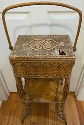 Antique Wicker Sewing Basket Or Sewing Stand, With Sewing Accessories