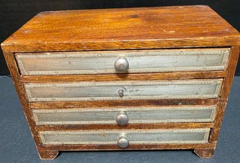 Antique Oak Wooden Cabinet With Four Drawers And Decorative Metal Inlay