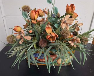 Decorative Faux Floral Arrangement In A Hand-painted Talavera-style Ceramic Oval Planter