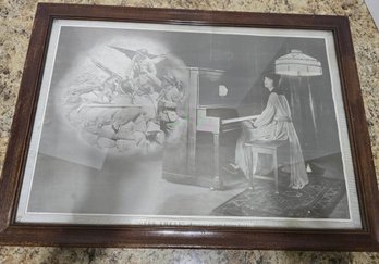 Vintage Framed Print Entitled 'Over There,' Featuring A Young Woman Playing A Player Piano