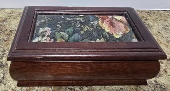 Vintage Jewelry Box Wooden Lift Out Tray Ring Holder Needlepoint Fabric Mirror
