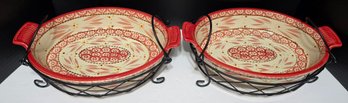 Temp-tations Old World Red Ceramic Quiche Dishes With Black Metal Holders