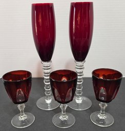 Home Essentials ~ Set Of 2 'Imperial Ruby' Crystal Flutes & Goblet Glasses