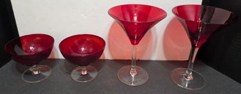 Pair Of Ring Red Hand-blown Glass Martini Glasses And Dessert Or Sorbet Dish