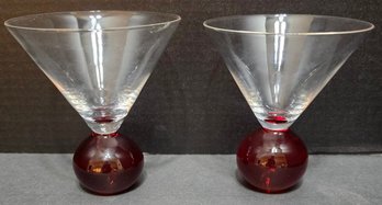 Pairpoint Art Glass Ruby Red Ball Bubble Base Martini Cocktail Glasses MCM Style