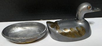 Vintage Duck-shaped Trinket Box Made Of Pewter With Brass Wing And Tail Accents