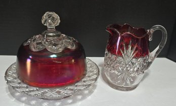 Vintage Glass Cream Pitcher And Vintage Butter Dish