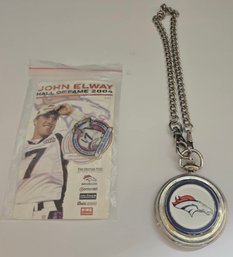 Danbury Mint Denver Bronco Pocket Watch And A John Elway Hall Of Fame 2004 Pin