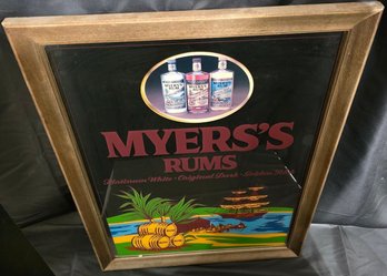 Vintage Myers's Rum Advertising Mirror Featuring A Tropical Beach Scene And Various Rum Varieties