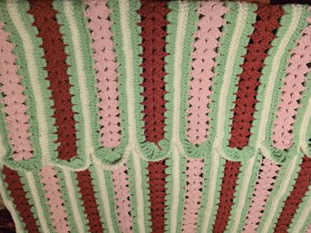 Vintage Handmade Crocheted Afghan Or Throw Blanket With A Striped Pattern And Scalloped Edges