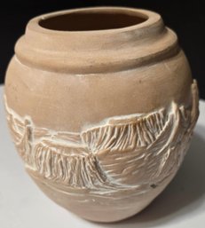 Studio Art Pottery Vase With An Embossed Adobe Pueblo And Mountains Design