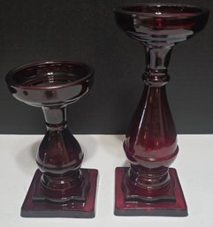 Vintage Set Of 2 Ruby Red Glass Candle Holders