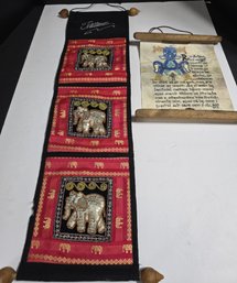 Thai Red Woven Silk Elephant Wall Hanging With Three Storage Pockets And A Wooden Scroll Containing Text
