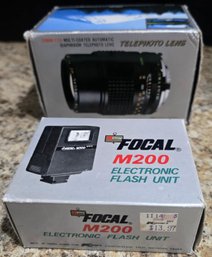 Vintage Focal M200 Electronic Flash Unit And A Focal M200 Telephoto Lens In Their Original Boxes - Both Untest