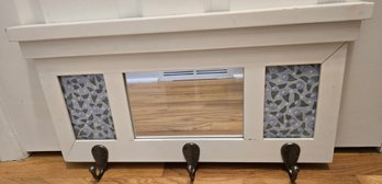 White Wooden Wall-mounted Mirror With  Three Coat Hooks